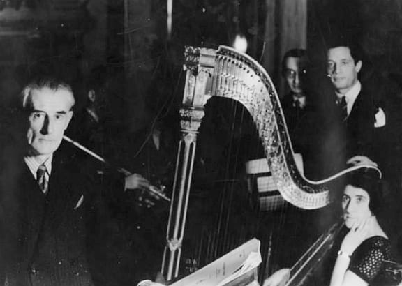 Composer Maurice Ravel (1875-1937) and harpist Lily Laskine (1893-1988) during a performance of Ravel's Introduction et allegro in 1935.