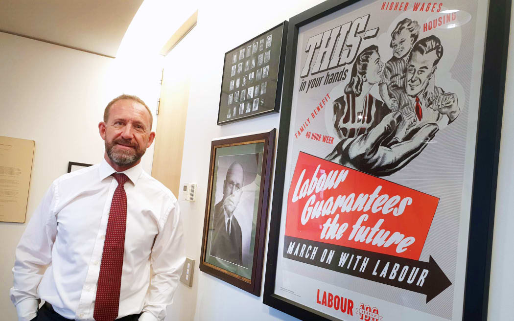 Andrew Little beside picture of his idol former PM, Peter Fraser.