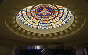 Cathedral of Christ the King (Lexington, Kentucky), interior, baptismal font and stained glass