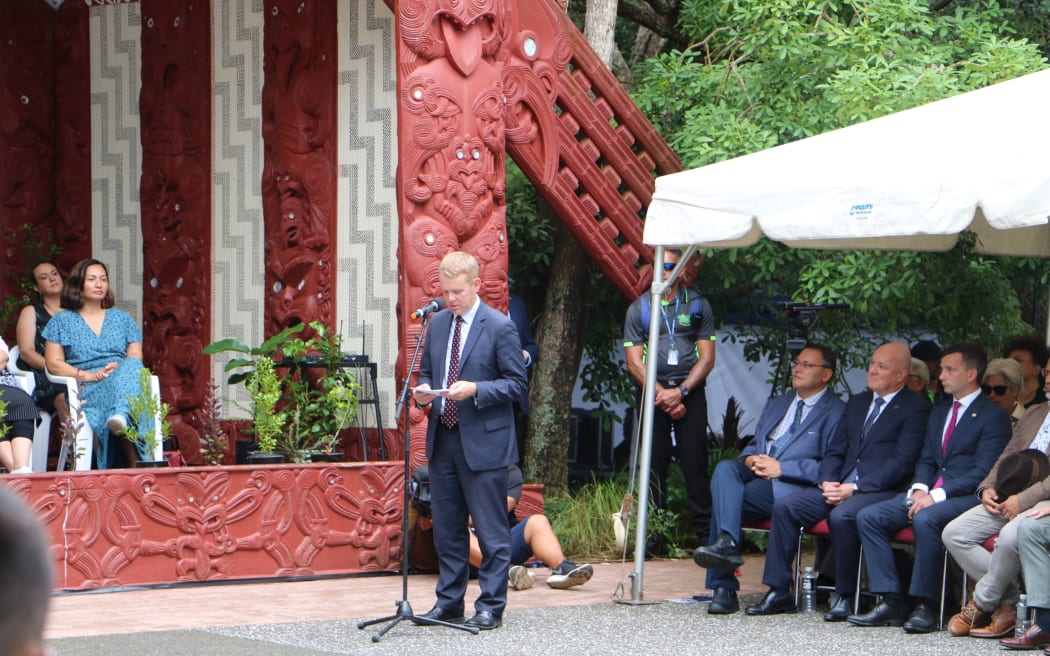 Prime Minister Chris Hipkins speaking at Waitangi in 2023.