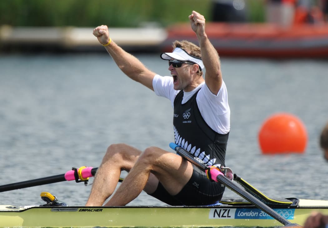 Mahe Drysdale celebrates winning gold in the Men's Single Sculls Olympic Rowing Final at London 2012 Olympics.