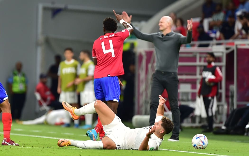 All Whites coach Danny Hay remonstrates after Liberato Cacace is fouled during New Zealand All Whites v Costa Rica, World Cup 2022 play-off match in Qatar, 2022.