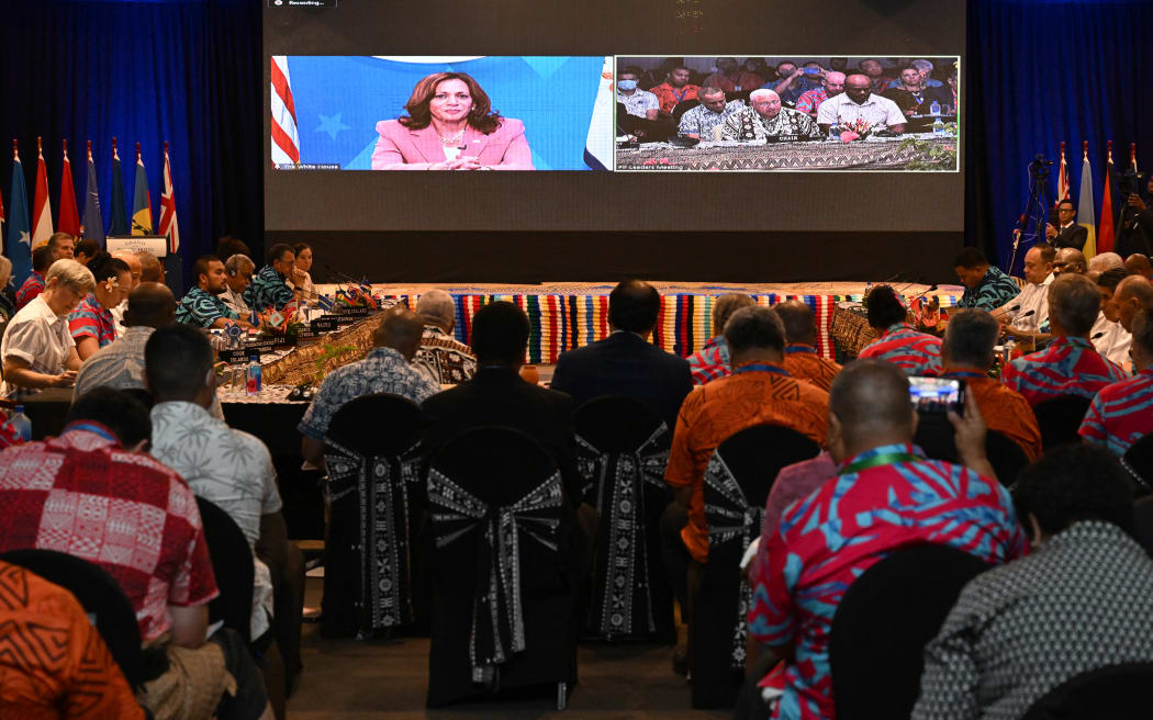 US Vice-President Kamala Harris speaks via video-link to the Pacific Islands Forum (PIF) in Suva on 13 July, 2022.
