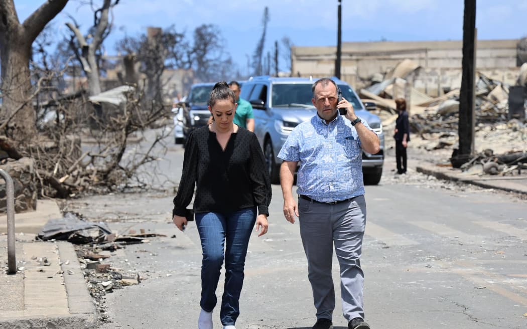 Hawaii Governor Josh Green, visits the ruins of Lahaina following it's destruction.