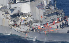 Damage done to the USS Fitzgerald by the collision with the with Philippines merchant ship.