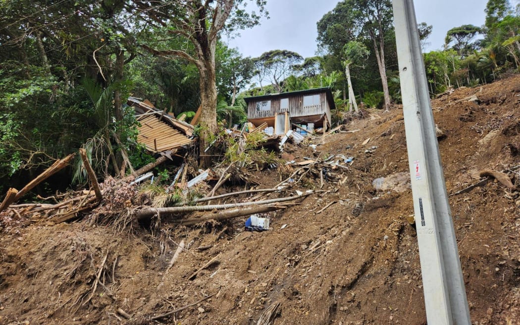Slips, house damage in Karekare in West Auckland caused by Cyclone Gabrielle