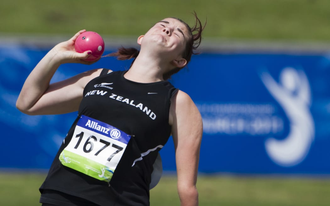 New Zealand's Holly Robinson throws in the shotput, Christchurch. IPC Athletics World Championship, 2011.