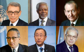 The current and past six Secretaries-General, clockwise from top left, Boutros Boutros-Ghali,Kofi Anan, Kurt Waldheim, Javier Perez de Cuellar, Ban Ki-moon and U Thant.