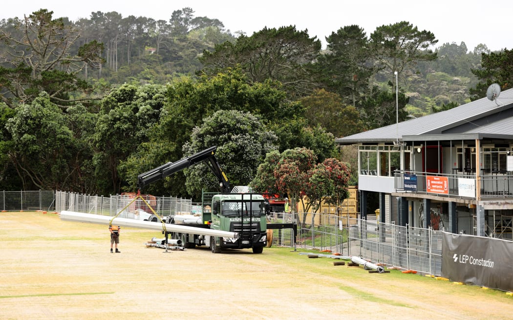Construction work continues at Shepherds Park in preparation for its role as a team basecamp on 07 December, 2022 in Auckland, New Zealand.