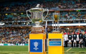 The Bledisloe Cup and Rugby Championship Trophy. ANZ Stadium Sydney. 2018.