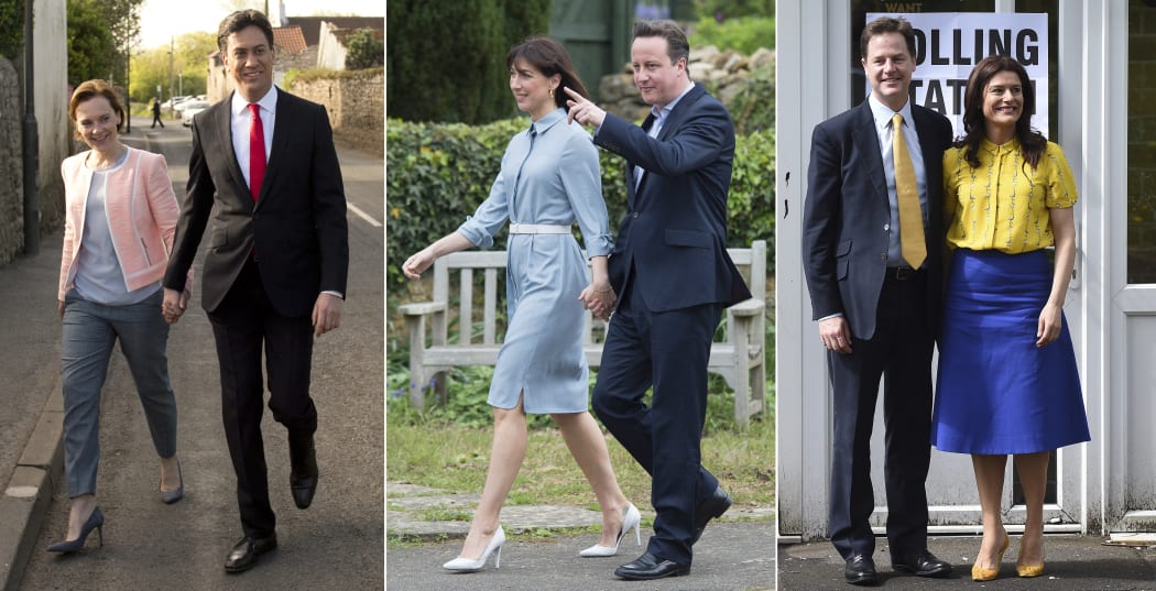 From left, Labour Party leader Ed Miliband and wife Justine Thornton,  Conservative Party leader David Cameron and wife Samantha and leader of the Liberal Democrats Nick Clegg and wife Miriam Gonzalez Durantez voting on 7 May.