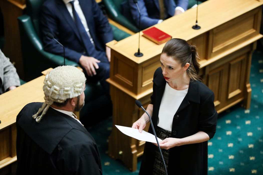 Prime Minister Jacinda Ardern makes an affirmation of allegiance to the Sovereign at Parliament