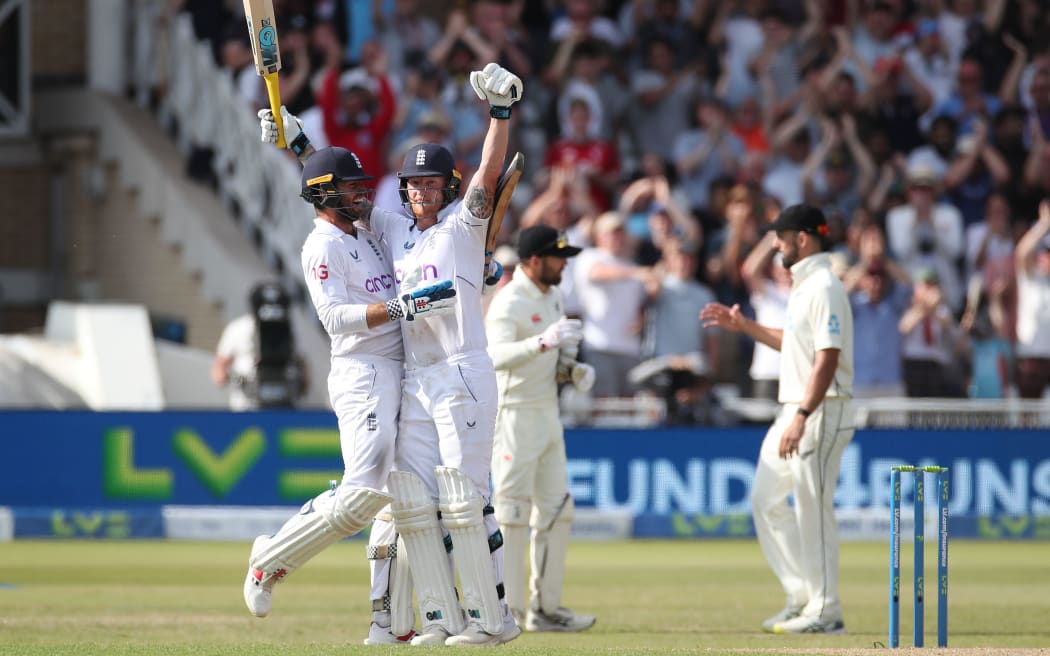 Ben Stokes the England captain is congratulated after scoring the wining runs by Ben Foakes during day 5 of the 2nd Test between the New Zealand Blackcaps and England at Trent Bridge Cricket Ground, Nottingham, England on Tuesday 14 June 2022.
New Zealand tour of England 2022.
 © Matthew Impey / www.photosport.nz