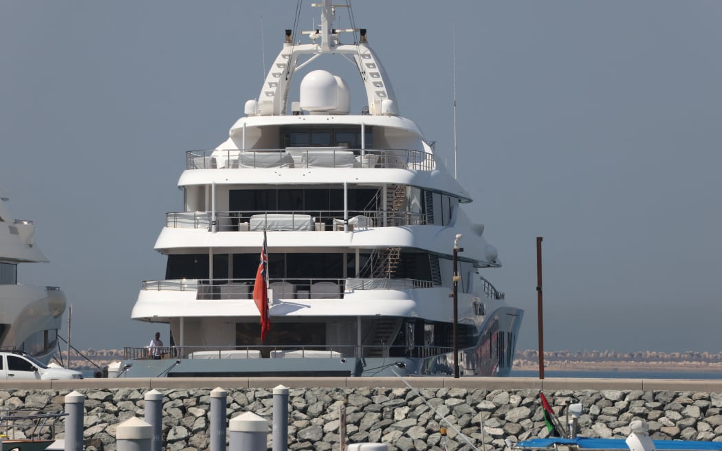 The Titan yacht that belongs to Russian businessman Alexander Abramov is docked at Al-Rashid port in the Gulf Emirate of Dubai, on April 7, 2022.