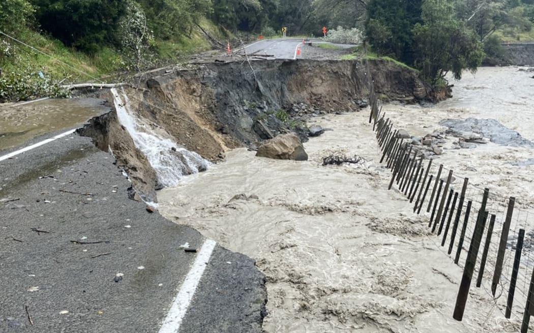 The road is flooded and washed out near Te Araroa, East Cape.