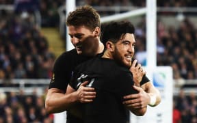 Nehe Milner-Skudder after his try from Beauden Barrett's kick during the All Blacks win over Tonga at Rugby World Cup 2015, St James' Park in Newcastle. UK. Friday 9 October 2015. Copyright Photo: Andrew Cornaga / www.Photosport.nz