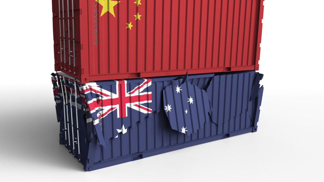 Container breaks another container. Trade war or political export or import ban conceptual 3D