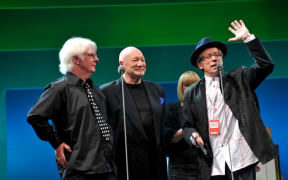 The surviving members of Ray Columbus And The Invaders are inducted into the New Zealand Music Hall of Fame at Vector Arena in 2009. Dinah Lee stands behind Dave Russell, Billy Kristian and Ray Columbus.