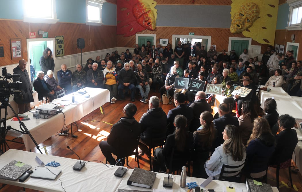 Locals rearranged the hearing venue to accommodate a large crowd opposed to the resource consents. Opononi-Omapere and Kohukohu wastewater treatment plant consent hearings, Rawene Town Hall, 15 May 2023