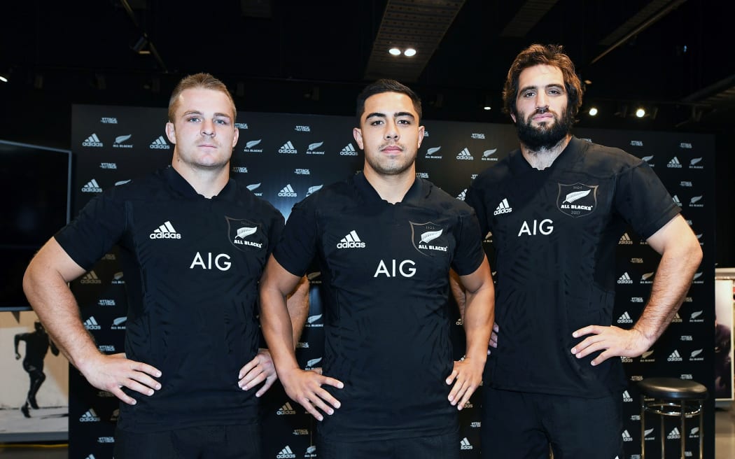 All Blacks Sam Cane, Anton Lienert-Brown and Sam Whitelock, model the new All Blacks jersey for the series against the British and Irish Lions.