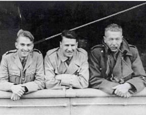 The first mobile broadcasting unit sails from Wellington in August 1940 (L-R: Norman Johnston, Noel Palmer, Doug Laurenson)