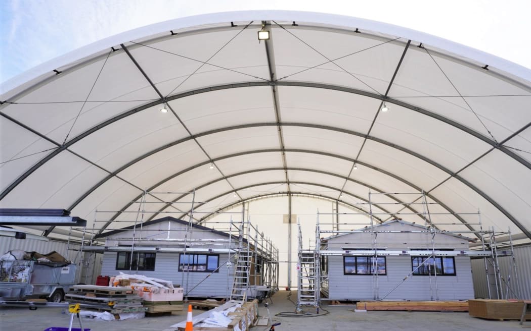 One of six smart shelters at the Toitū Tairāwhiti Builtsmart site, each capable of having four 97-square-metre, three-bedroom homes built a time.