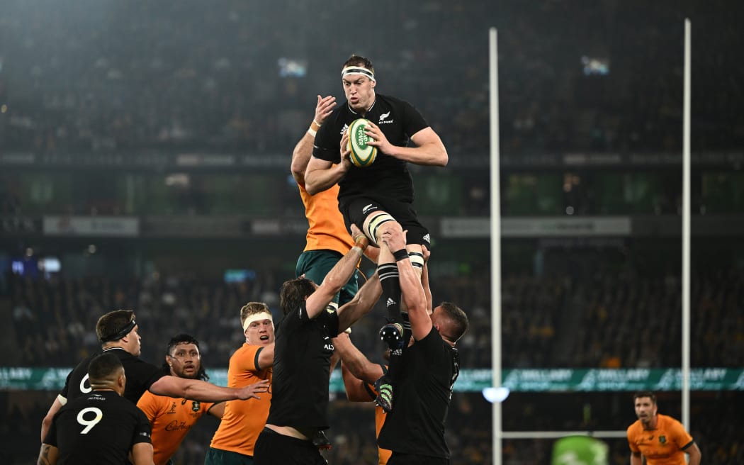 All Blacks player Brodie Retallick wins a line out ball during the Bledisloe Cup match against the Wallabies in Melbourne on 15 September, 2022.