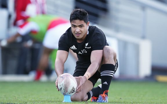 All Blacks reserve Josh Ioane lines up a shot at goal during the rugby Test against Tonga, 2019.