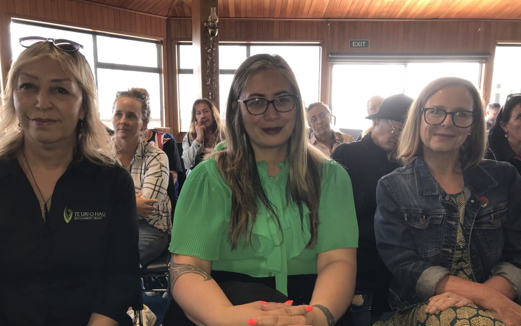 Wanting to keep Kaipara's Ruawai climate adaptation pilot at Wednesday's council meeting were (from left) Georgina Connelly (Te Uri o Hau settlement trust deputy chair), Hūhana Lyndon (Tai Tokerau-based Green list MP) and Anna Curnow (Ruawai pilot community panel co-chair).