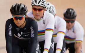 Natasha Hansen, Ethan Mitchell, Sam Webster and Eddie Dawkins at the NZ Olympic sprint cycling team naming.