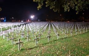Crosses in Christchurch's Cranmer Square to mark those who died in the two World Wars.