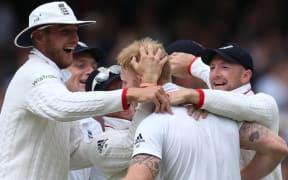 The New Zealand Captain Brendon McCullum is bowled first ball by Ben Stokes (centre) during the first Test between England and New Zealand at Lord's Cricket Ground.