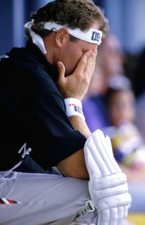 Black Caps captain Martin Crowe holds his head in his hands.