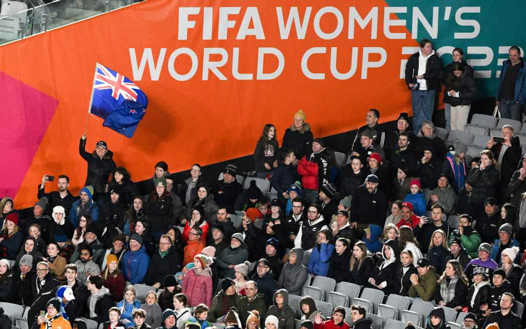 Fans celebrate at opening match of the FIFA Women's World Cup at Eden Park, which New Zealand won against Norway, on 20 July 2023.
