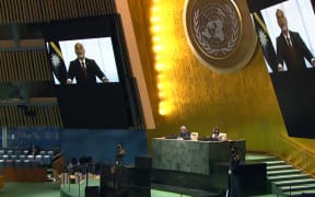 Nauru's President Lionel Aingimea addresses the UN General Assembly by video link, 23 September, 2021