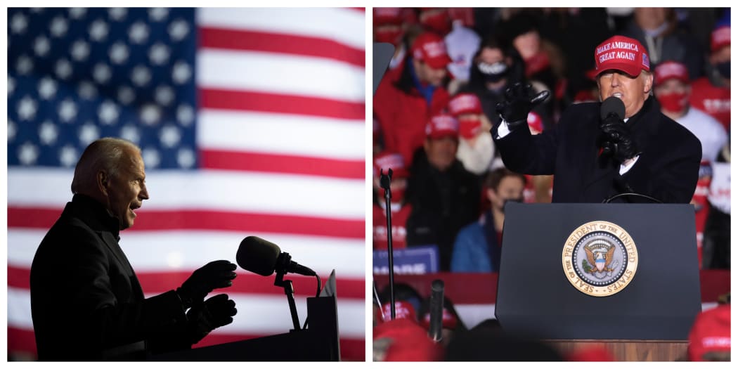 Presidential candidates; former VP Joe Biden for the Democrats, and the incumbent president Donald Trump for Republicans, at rallies on 2 November.