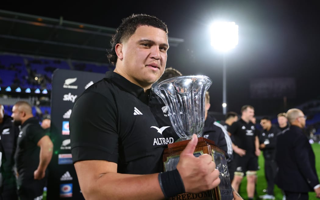 All Blacks debutant Tamaiti Williams with the Freedom Cup.