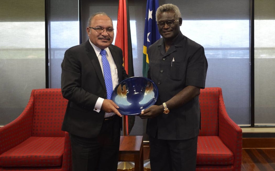 The MSG Chair and Prime Minister of Solomon Islands Manasseh Sogavare (L) and PNG Prime Minister Peter O'Neill (R)  at Sir Manasupe Haus.