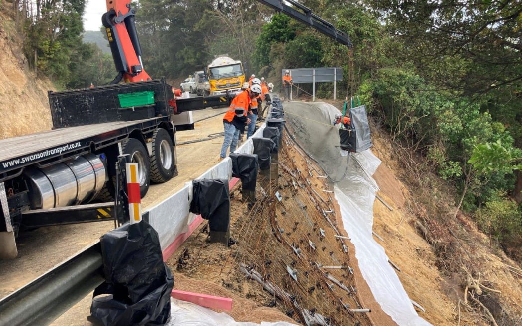 Works on the Brynderwyns section of SH1, a month after Cyclone Gabrielle. Huge efforts by hundreds of kaimahi (workers) was needed to repair the road.