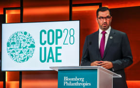 COP28 president Dr Sultan Al-Jaber speaks during the second Earthshot Prize Innovation Summit in partnership with Bloomberg Philanthropies, in New York City on September 19, 2023. (Photo by Zak BENNETT / AFP)