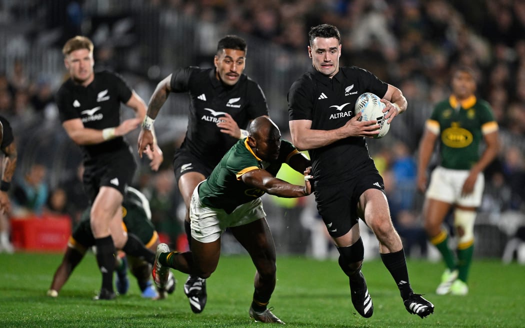 Will Jordan of New Zealand during the Rugby Championship test match, New Zealand All Blacks versus South Africa Springboks at Mt Smart Stadium In Auckland, New Zealand on Saturday 15 July 2023.