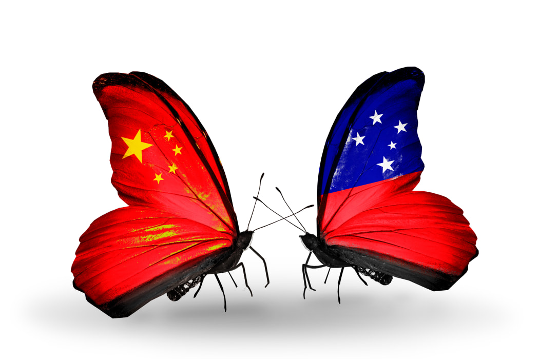Two butterflies with flags on wings as symbol of relations China and Samoa