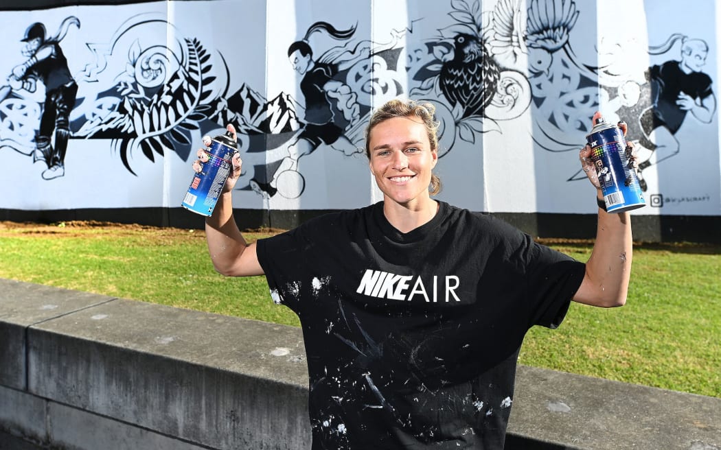 Artist and Football Ferns striker Hannah Wilkinson after painting a mural at Eden Park to celebrate 3 Women's World Cups in 2022/23.
© Photo: Andrew Cornaga / www.photosport.nz