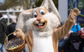17 April 2022, Thuringia, Erfurt: A person in an Easter bunny costume hands out candy at egapark. On Easter Sunday, all children up to the age of 16 are allowed into egapark for free. Photo: Michael Reichel/dpa (Photo by MICHAEL REICHEL / DPA / dpa Picture-Alliance via AFP)