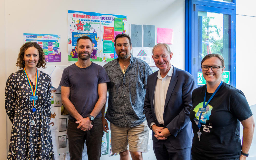 Nelson City Council project manager for library seismic strengthening Lucy Clarke, councillor Aaron Stallard, councillor Kahu Paki Paki, mayor Nick Smith, manager libraries Sarina Barron