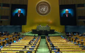 A pre-recorded speech by Vanuatu prime minister Bob Loughman plays via video at the UN General Assembly's 75th session.