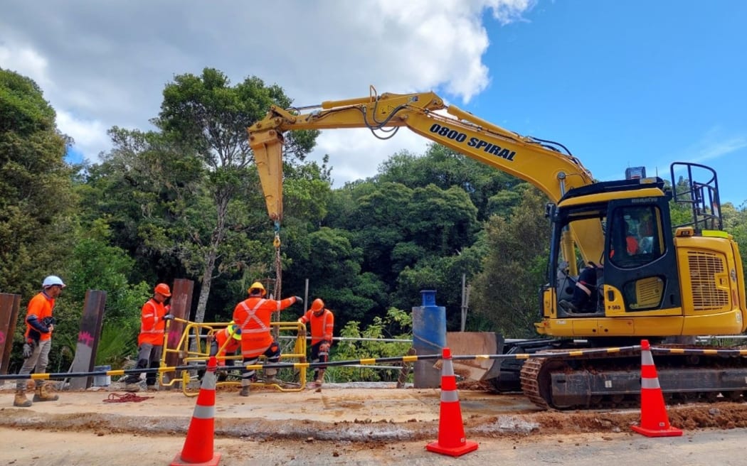 Temporary piles are installed at a major slip on SH1 through Mangamuka Gorge.