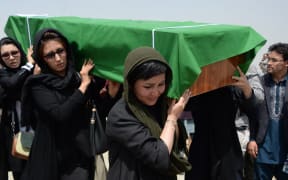 Afghan Shi'ite women carry the coffin of a person killed in a suicide attack.