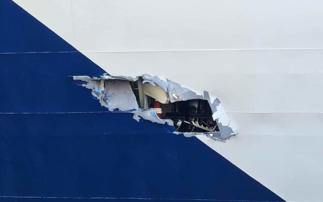 The hole in Cook Strait ferry Kaiarahi.