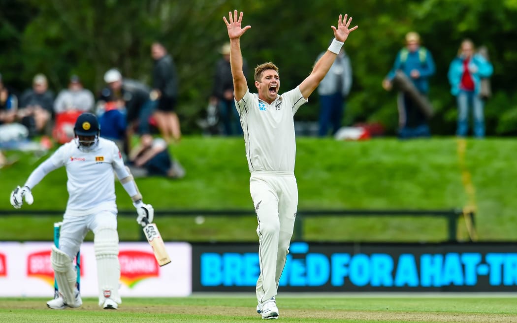Tim Southee of the Black Caps appeals for a wicket during Day1 of the cricket test match against Sri Lanka in Christchurch.